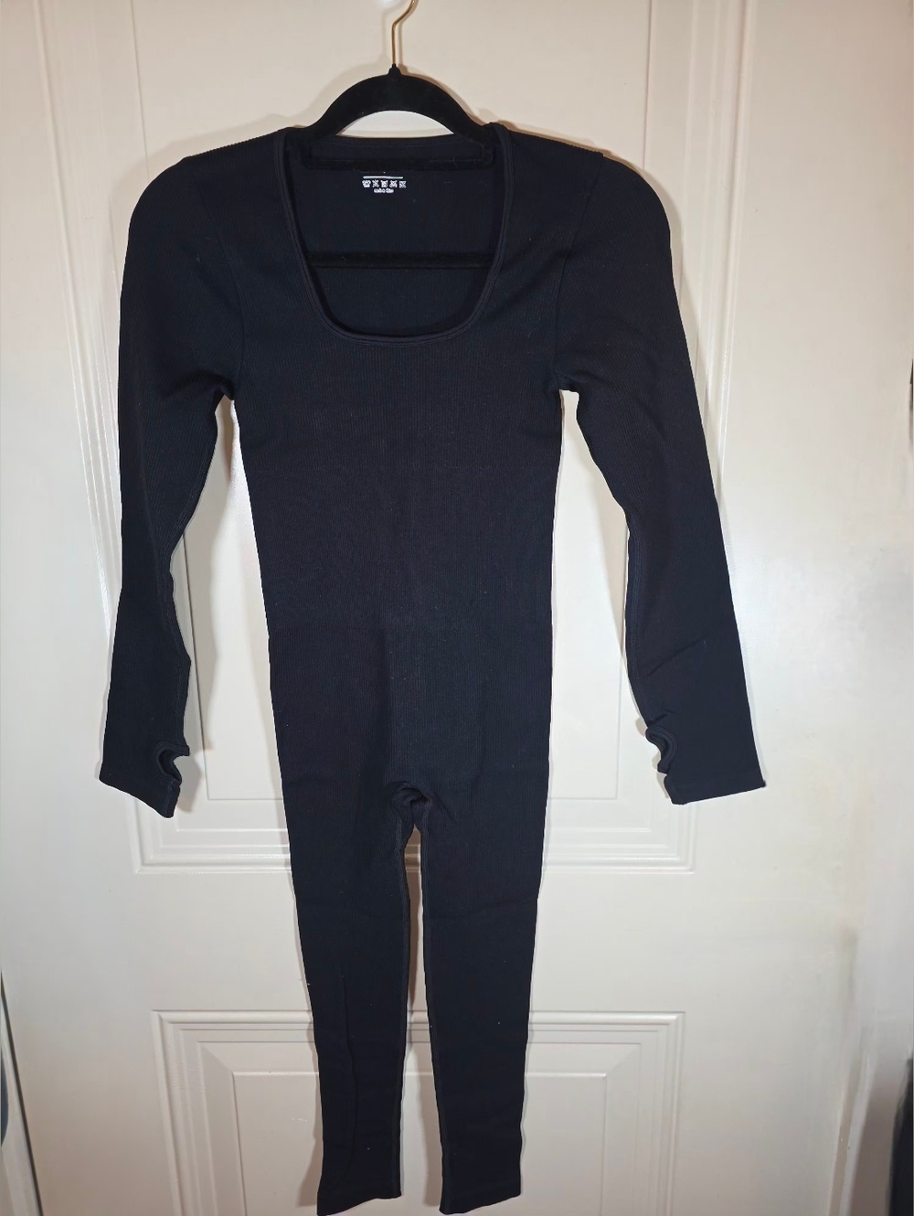 Black Ribbed Square-Neck Jumpsuit - Picture 2 of 10